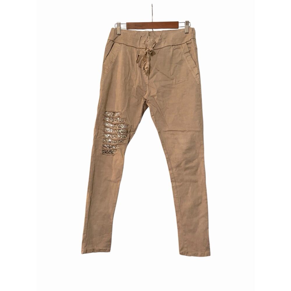 Venti6 THE HUGO SEQUIN LEG PATCH JOGGER •S• Drawstring Pull On Pants Beige Italy